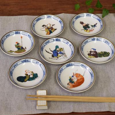 Waza No Kura Plate Set, Stylish Kutani Ware Small Plates, Set of 7, Seven Lucky Gods Design, Ceramic, Japanese Tableware, Side Plates, Made In Japan