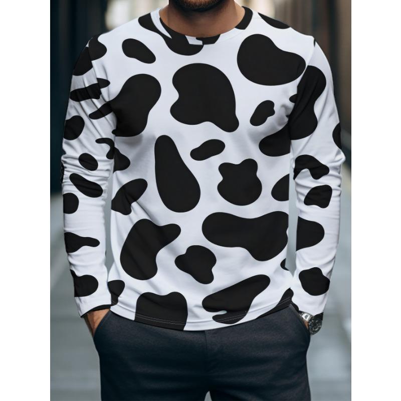 A Long-sleeved Top, Primarily White with Black Cow Print Patterns