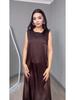 2025 Autumn Women's Satin Two-Piece Dress with Beading, Round Neck & Waist-Cinching Long Sleeves