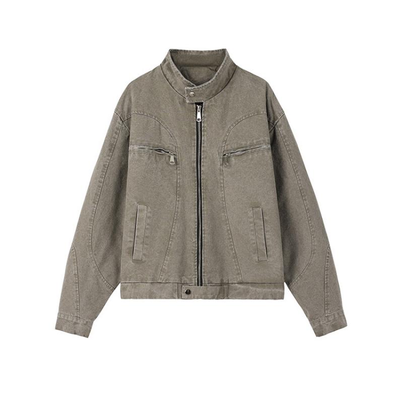 2025 Spring Autumn Men Washed Workwear Jackets Casual Streetwear Outerwear Male Solid Color Stand Collar Coats Man Vintage Coats