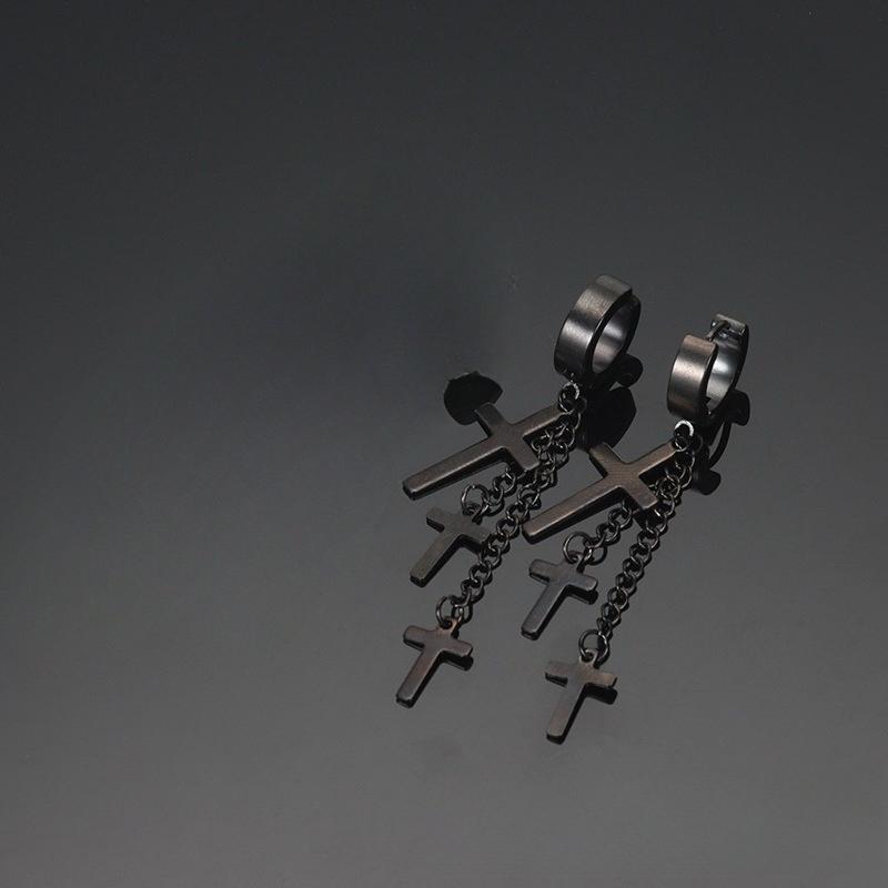 Titanium Steel Three Cross-shaped Earrings with Ear Hooks, Chain and Tassel Accessories, Ear Jewelry Pieces