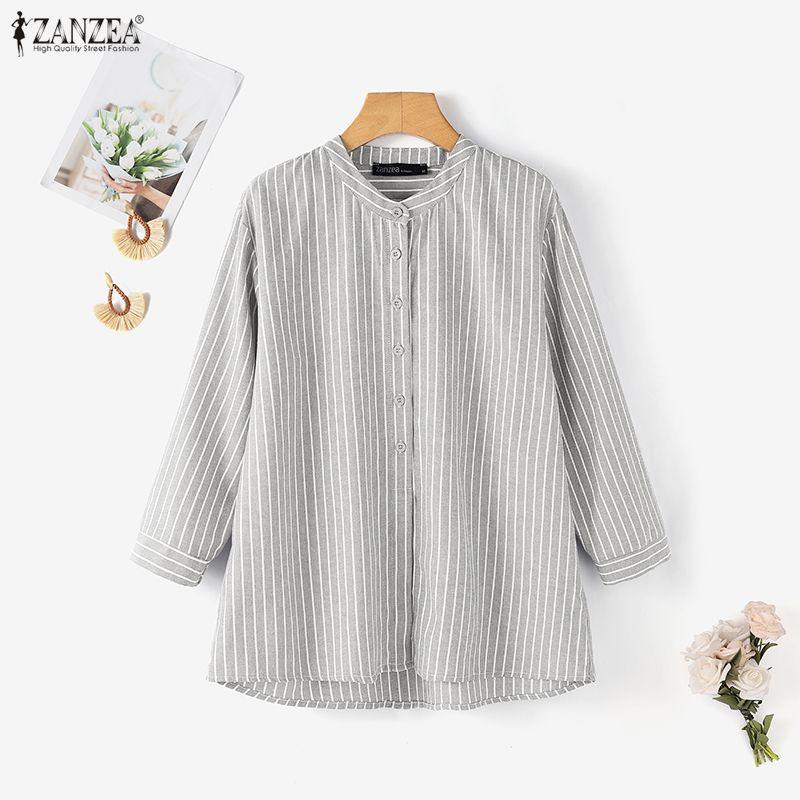 ZANZEA Women Casual Round Neck 3/4 Sleeve Loose Stripe Blouse