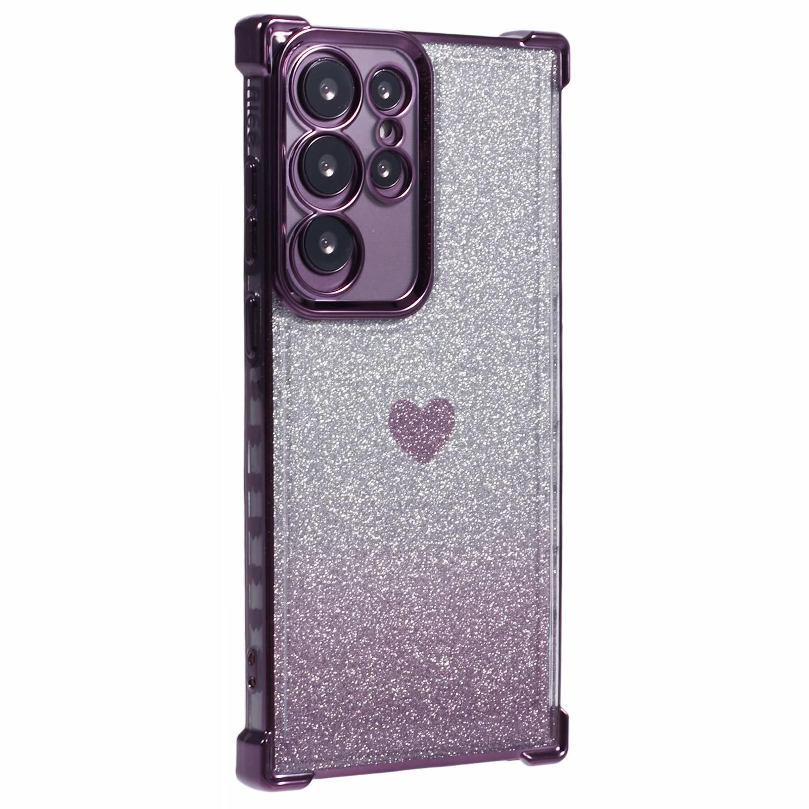 

For Samsung Galaxy S23 Ultra Case Gradient Glitter Heart Electroplating TPU Phone Cover Dark Purple