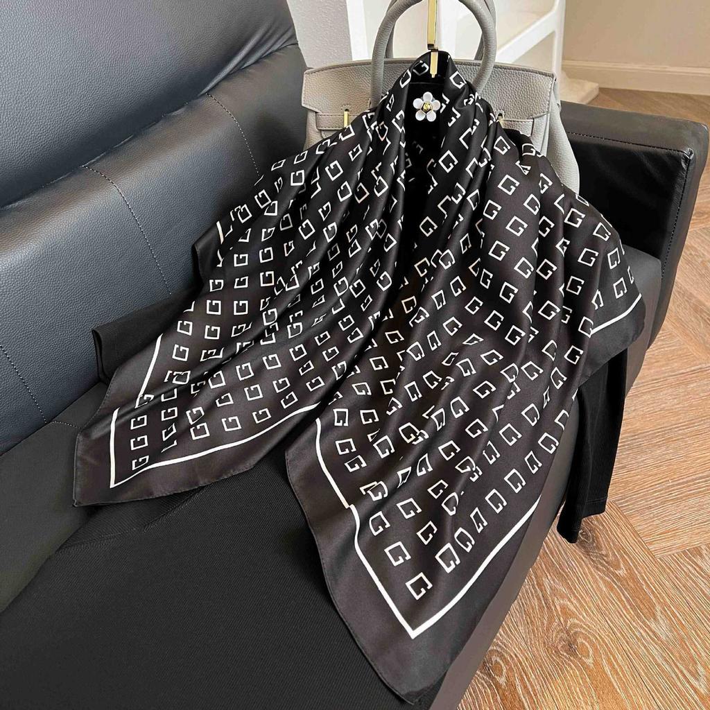 91Cm French Striped Large Square Scarf Women's Spring and Autumn Versatile Small Silk Scarf Stewardess Scarf White Scarf Foreign Style Shawl Women