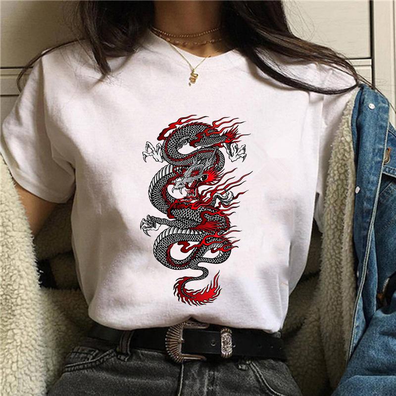 Harajuku Chinese Dragon Print Popular Fashion Trend Largesized Thin Unisexs and Womens Same Shortsleeved Tshirt Graphic