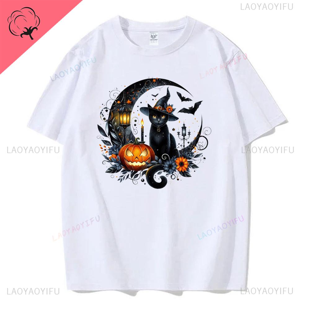 Jack Lanterns  Women Ghost Pumpkin Bat Skeleton Print Round Neck Pullovers Cotton Shirt Graphic T Shirts Y2k Top Harajuku Tops