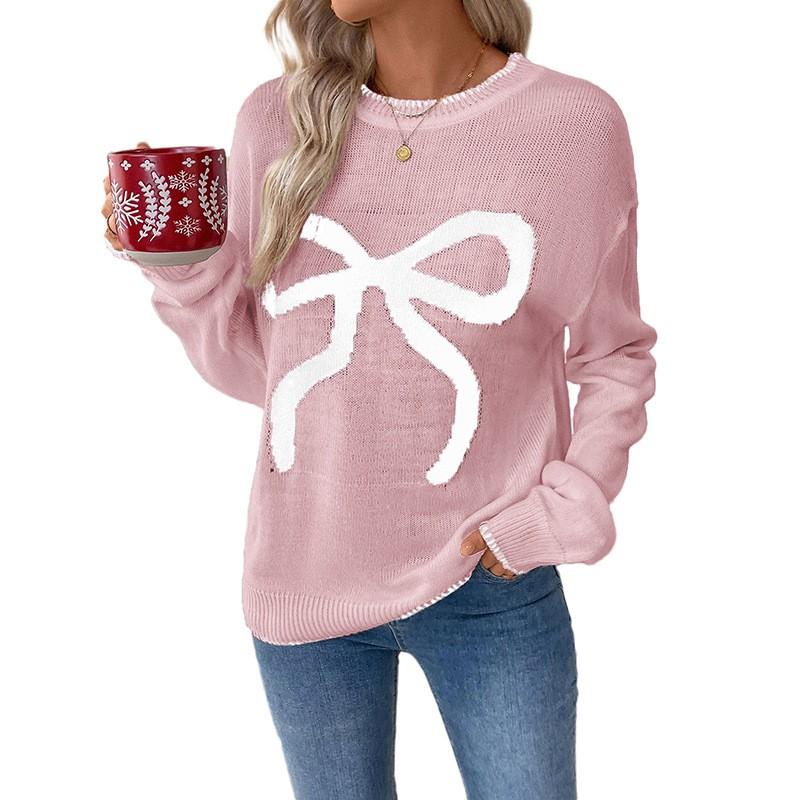 Womens Pink Christmas Sweater With Bow Detail Long Sleeve Loose Knit Top