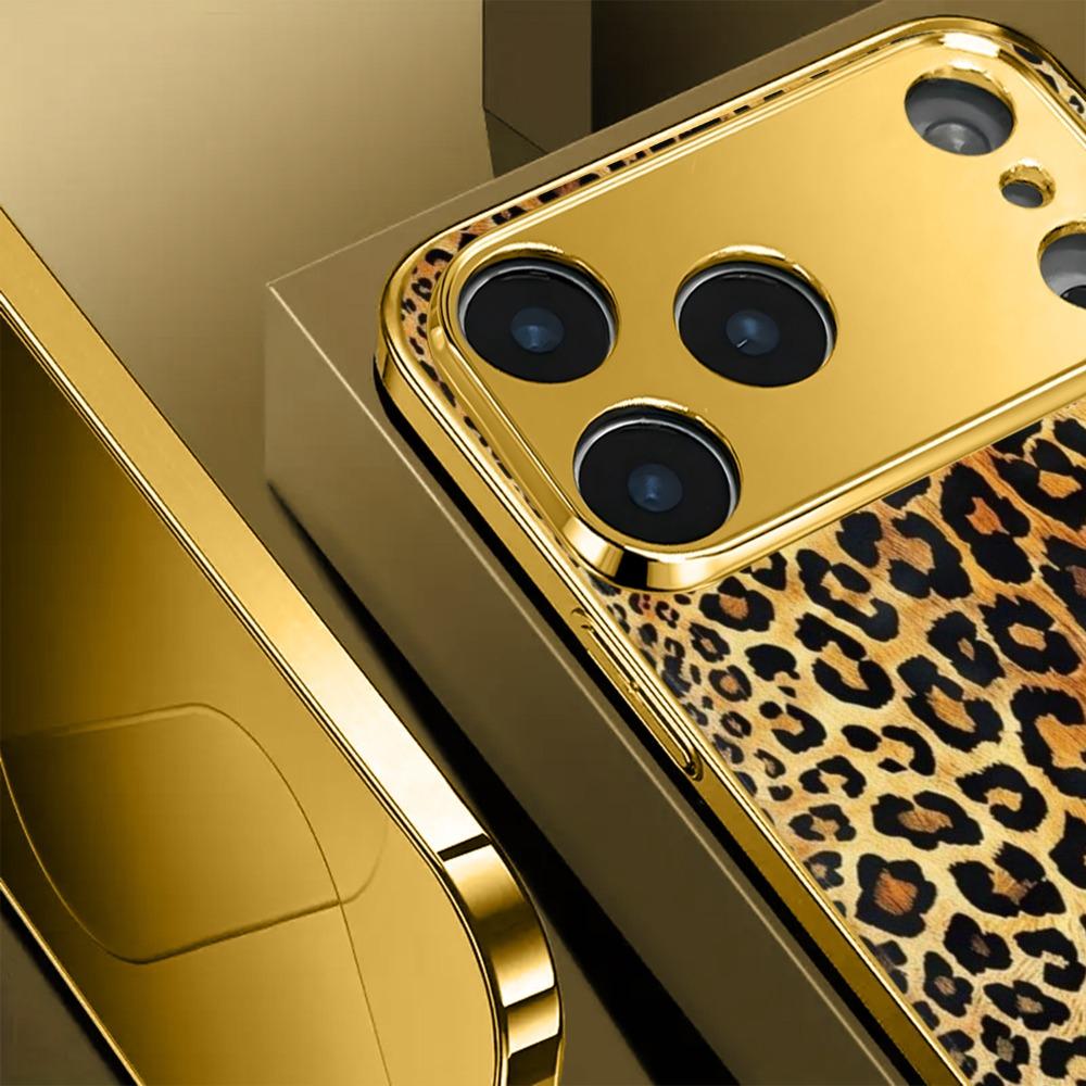 Goldbraunes Leopardenmuster Glas Handyhülle geeignet für iPhone 17 16 15 14 13 12 11 Pro/Max/Plus Fingerabdruckgeschützt
