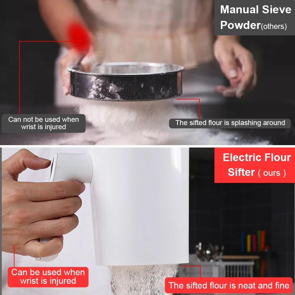 Kitchen Pastry Cake Tool Icing Sugar Powder Flour Sifter Screen Cup Shaped Stainless Steel Handheld 1Liter Electric Flour Sieve