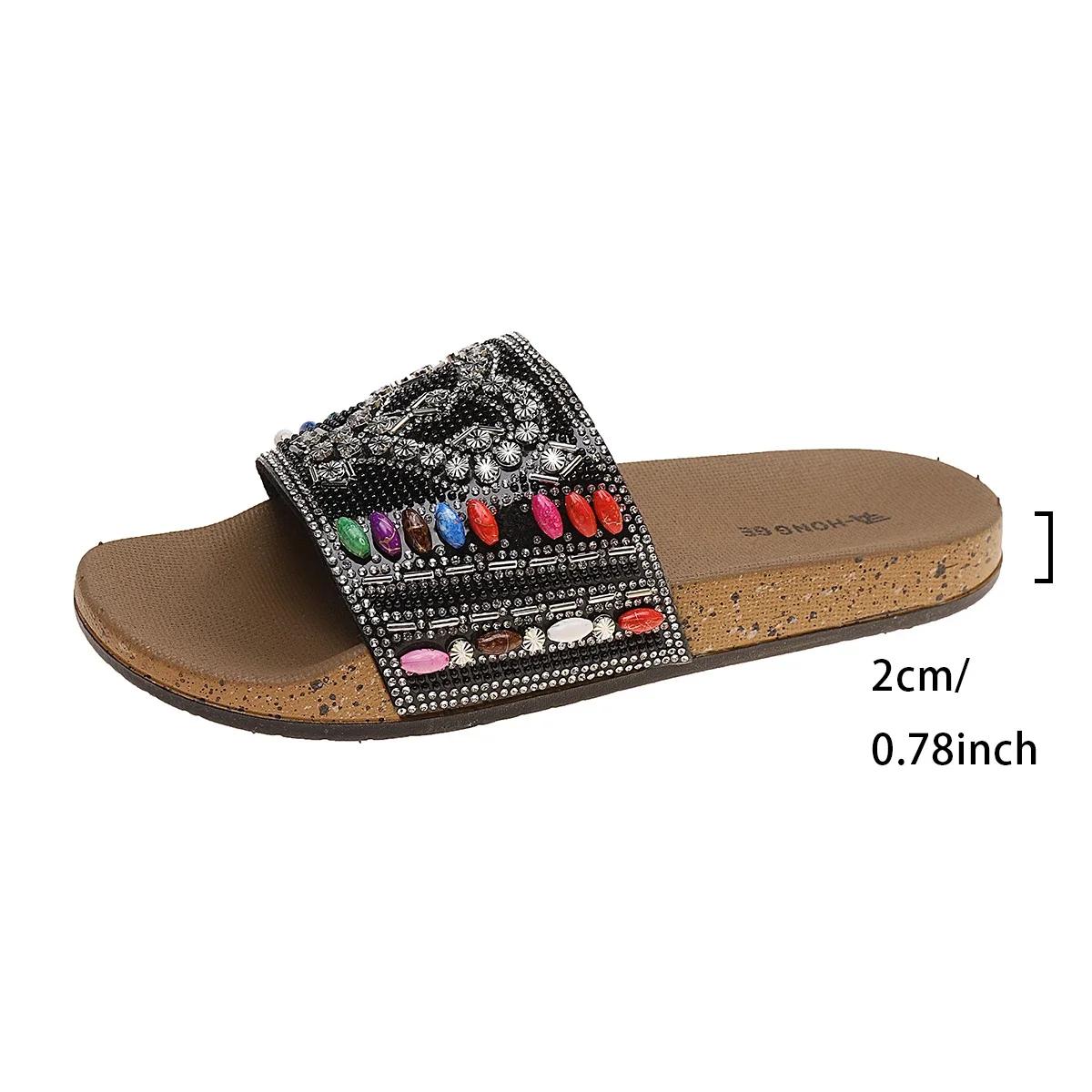 

Fashion Ethnic Style Colorful Beaded Flat Slippers for Women 2025 Summer Beach Vacation Sandals Woman Plus Size Non Slip Outdoor Slides 40-41 чёрный