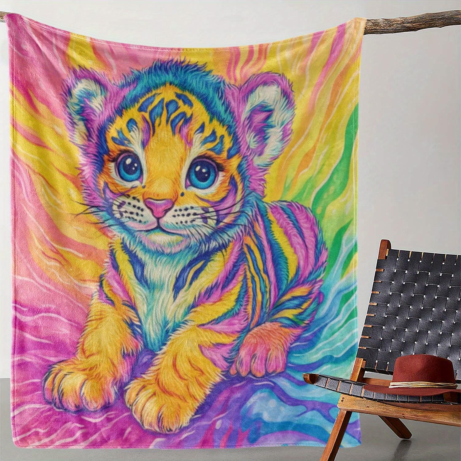 

Tiger Print Flannel Throw Blanket, Multi-Color Soft Warm All-Season Cover for Sofa Bed Camping, Vintage Style Home Decor Gift 75x90cm