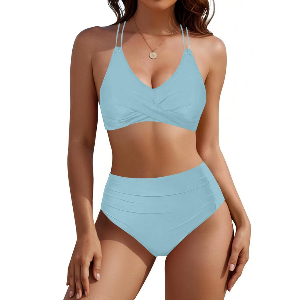 Damen Schlankmachender Zweiteiliger Badeanzug Raffung am Bauch Badedress Bademode