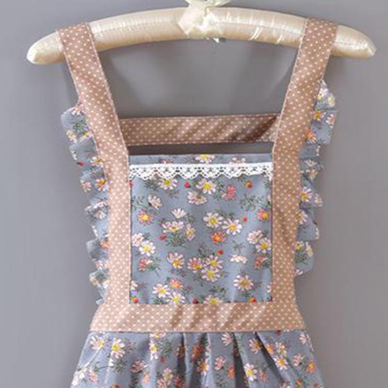 Floral Large Pocket Canvas Cotton Apron Kitchen Home Wipeable Hand Strap
