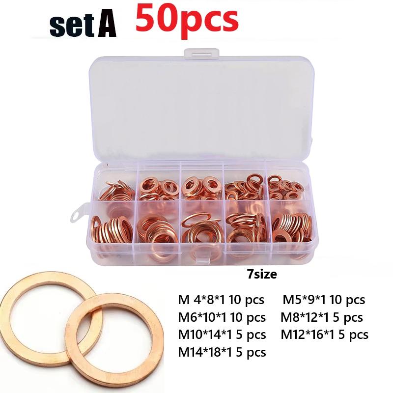 

50/100/120 Pcs Copper Washer Gasket Set Flat Ring Seal Assortment Kit With Box For Sump Flat Ring Seal Gasket Replacement