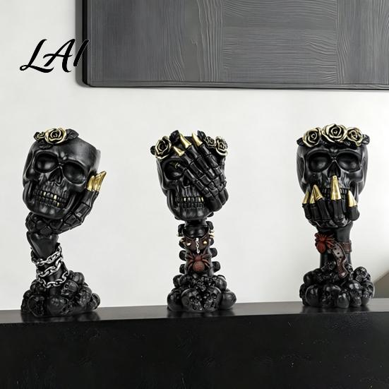 Skull And Rose Sculpture Hear No Evil Speak See Evil Vase Resin Ornament with Dark Themed Home Decor Decor Halloween Gothic Skeleton Display