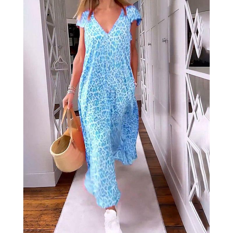 Printed V-neck Short Sleeve Women's Printed V-neck Short Sleeve Loose Dress