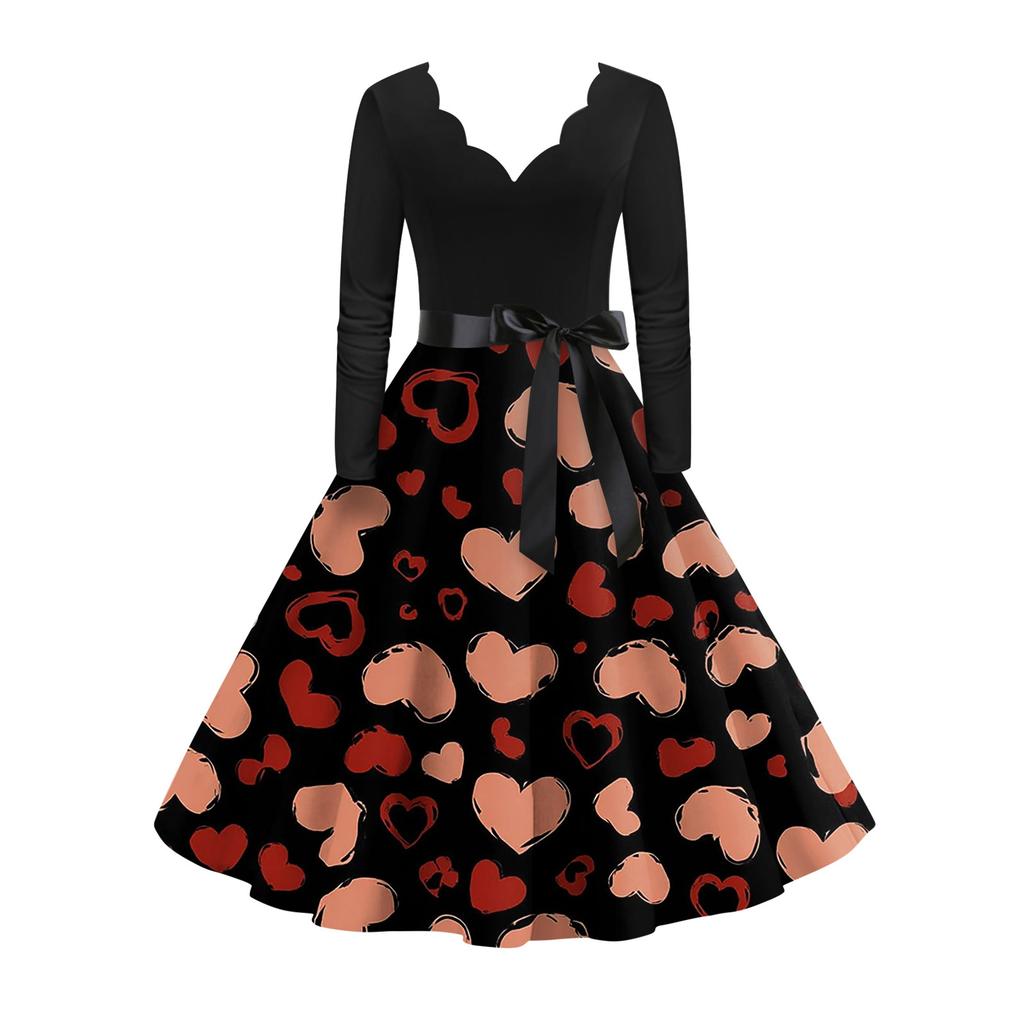 Damska stylowa i elegancka sukienka z długim rękawem, dekoltem w serek w kształcie serca na Walentynki