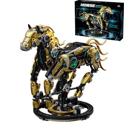 1055PCS Golden Machinery Horse Building Blocks Movable Joint Animal Models Bricks Set With Light Kid DIY Toys Holiday Gifts