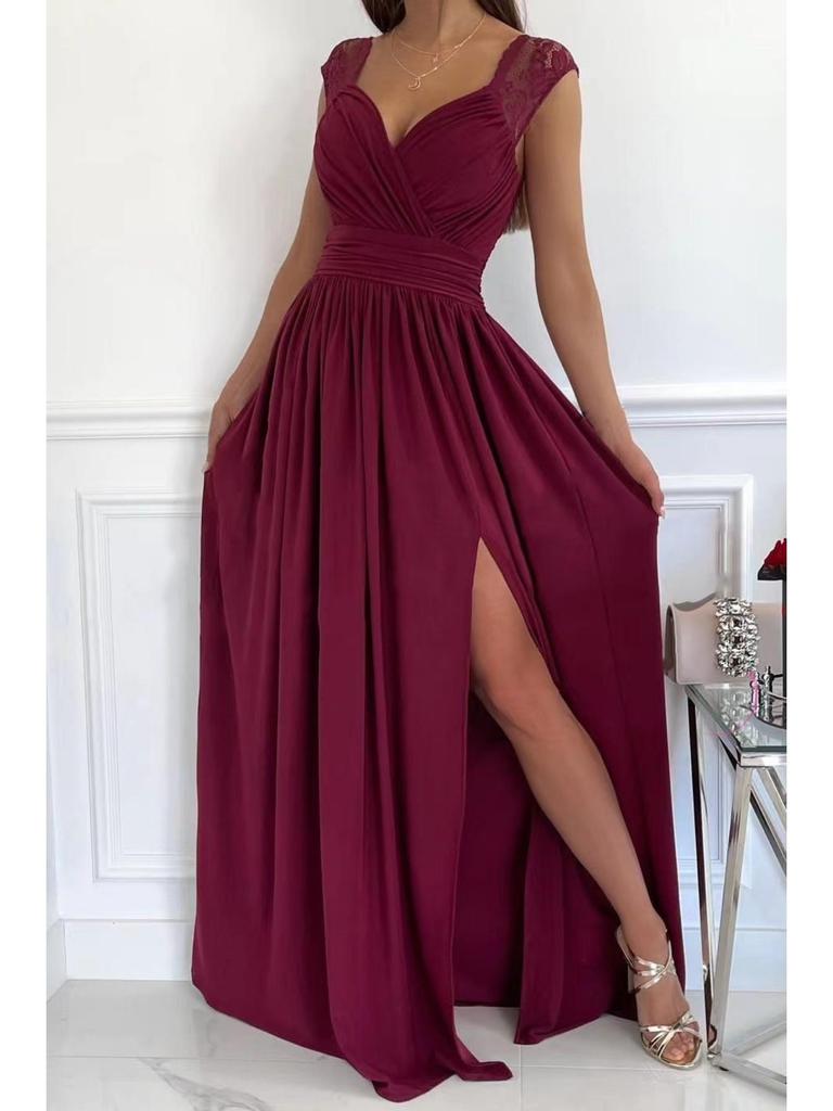 V Neck Lace Solid Color Dress Waist Hugging Overlapping Elegant Pleated Dress for Women Sleeveless Loose Dresses Causal Dress