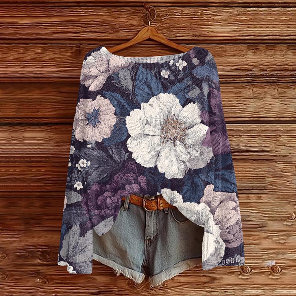 Women's Lightweight Sweater Casual Long Sleeve Knitted Vintage Floral Print Pullover