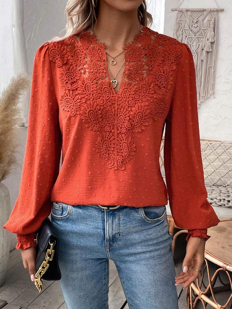 Autumn/Winter V-Neck Lace Long Sleeve Casual Solid Color Women's Top