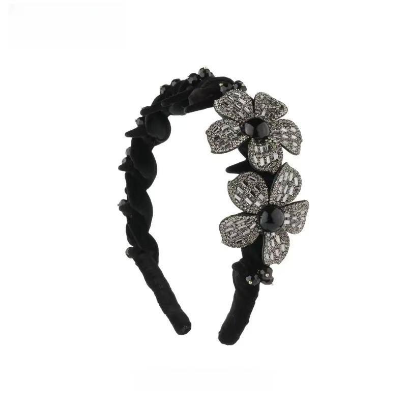 Korean Velvet Headband with 3D Flowers, Rhinestones, Tassels – Elegant Luxury Hair Accessory серый