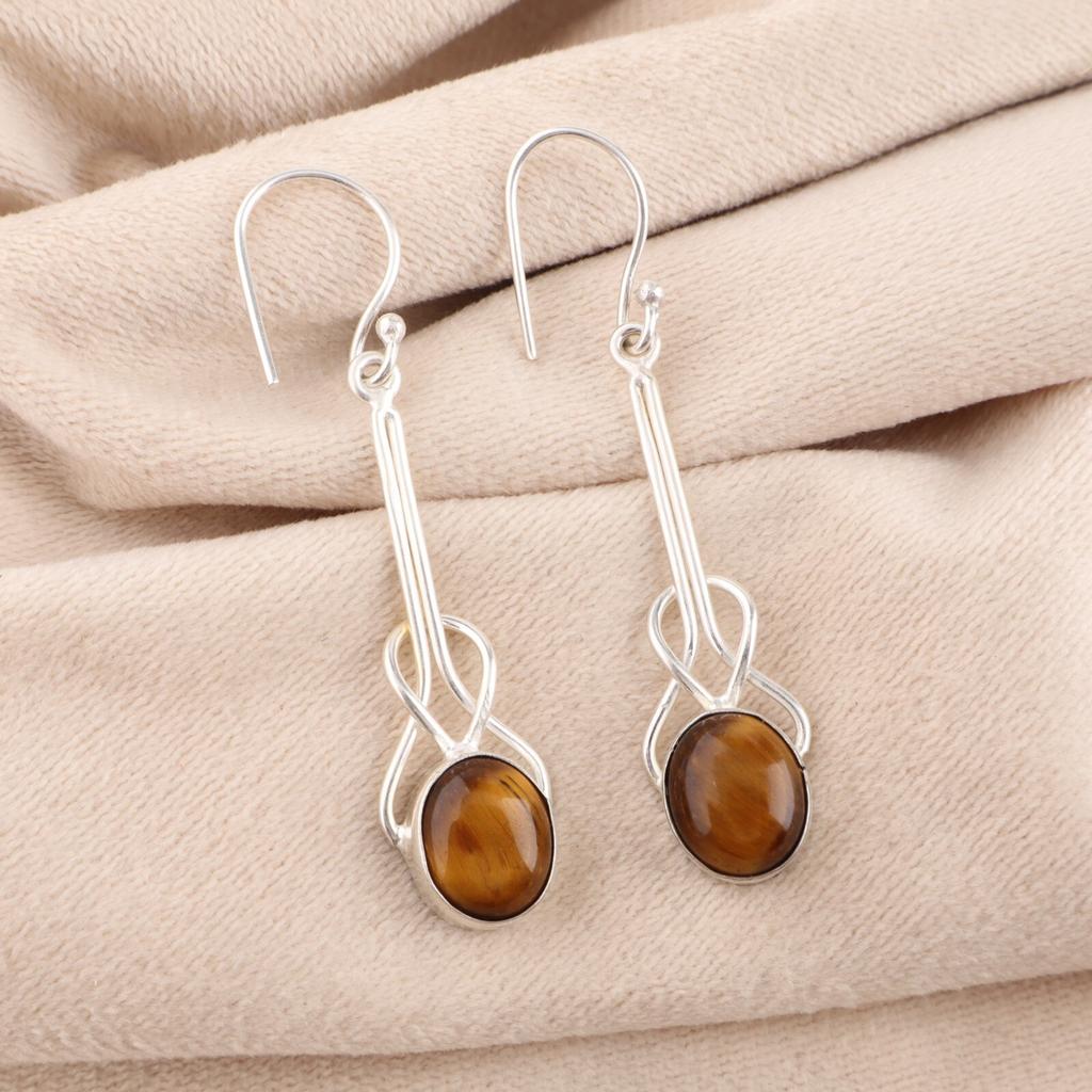 Yellow Tiger's Eye Gemstone 925 Sterling Silver Jewelry Handmade Earrings 1.76" EE-171-26