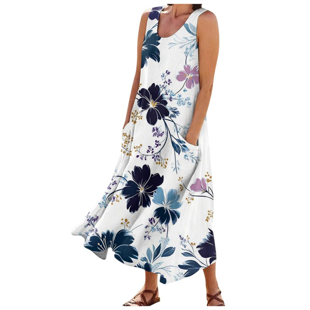 Women's Fashion Summer Casual Sleeveless Floral Printed Small Pocket Dresses