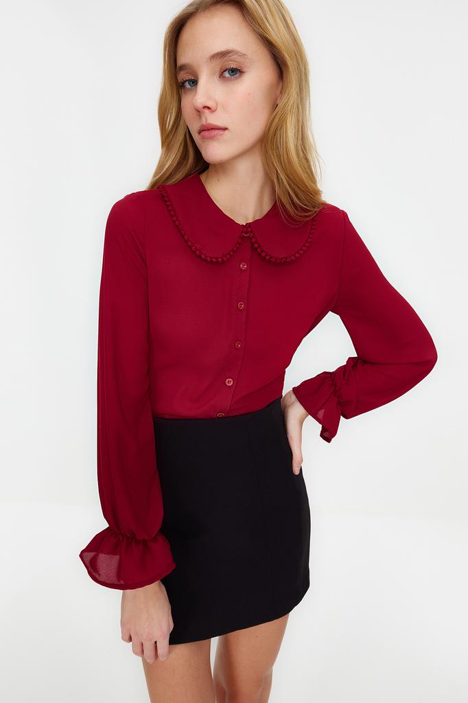 Damenmode Neues Hemd Lila Kragen Detailliertes Rüschen Webhemd