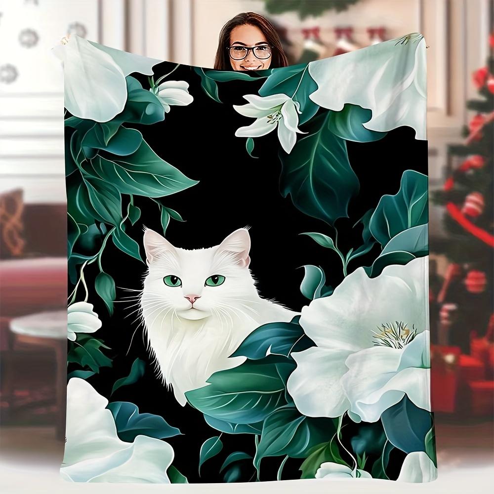

1pc Vintage Style Cat and Floral Print Soft Throw Blanket, 60x80inch, Seamless Pattern with White Cats and White Flowers, 70x100cm28x39in
