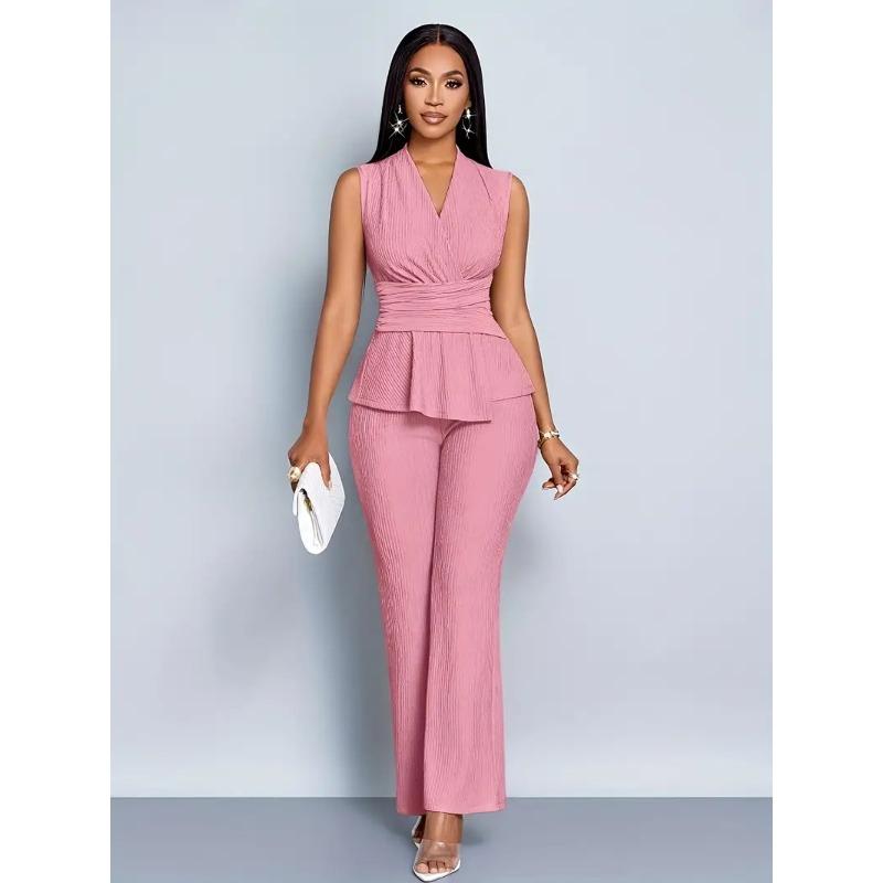 Spring and Summer Women's Two-piece Set of Elegant and Thin V-neck Sleeveless T-shirt and Wide-leg Pants Two-piece Set