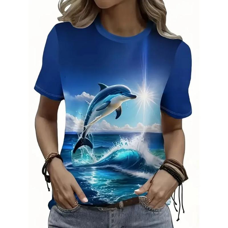 

Casual Fashion Simple Abstract Painting Animal Sea Dolphin Breathable 3D Printed Round Neck Short Sleeve T-shirt Casual Sports Shirt 6XL