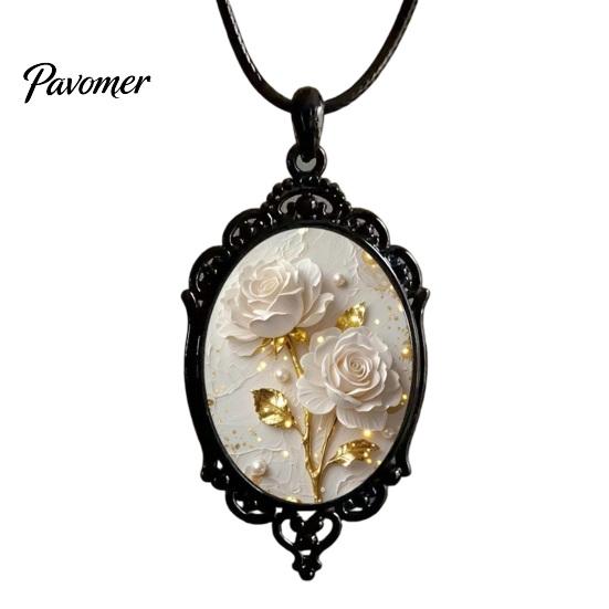 Whimsical Garden Party Accessories Oval Floral Pendant Necklace, Vintage Glass Dome Rose Retro Black Metal Jewelry Adjustable Cord for Women