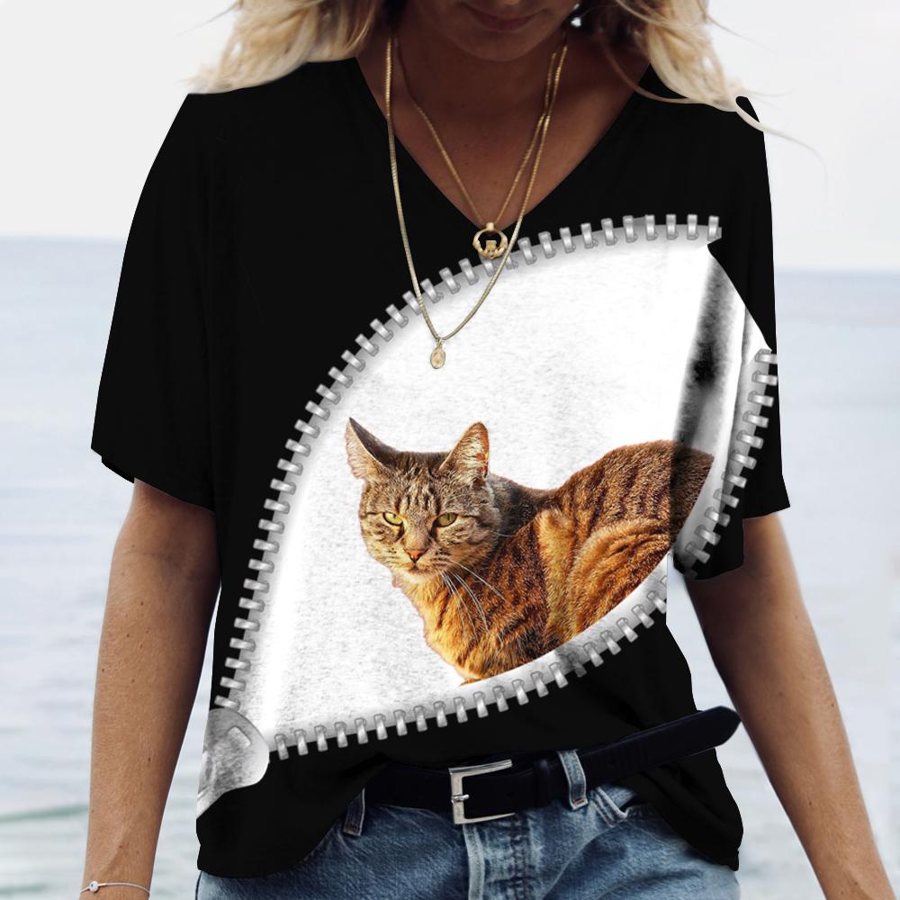 

Футболка с 3D принтом кота, женские футболки большого размера с v-образным вырезом, топы, женские повседневные модные футболки с короткими рукавами, уличная одежда, женская одежда Y2k 3XL
