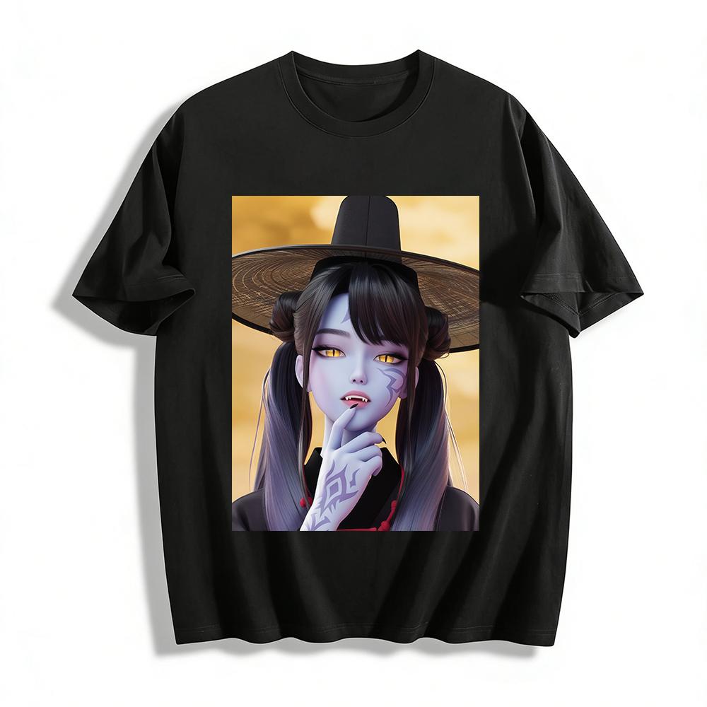 

Dark Oriental Demon Girl Print Top Niche Anime Style Cool Loose Casual Long Sleeve T-Shirt Pure cotton T-shirt 6XL