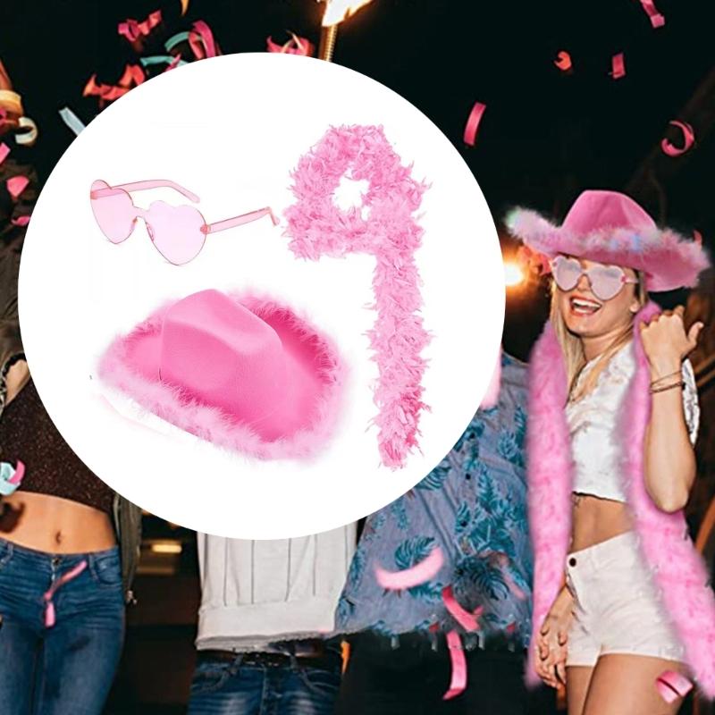 Pink Cowboy Hats with Heart Shaped Glasses Long Feather Boas Western Cowgirl Hat Halloween Costume Accessories for Women