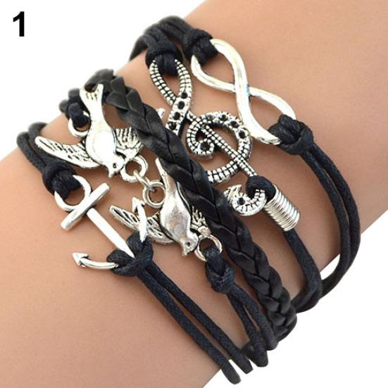 Women Retro  Skull Music Pigeon Faux Leather Charm Bracelet Bangle Cuff