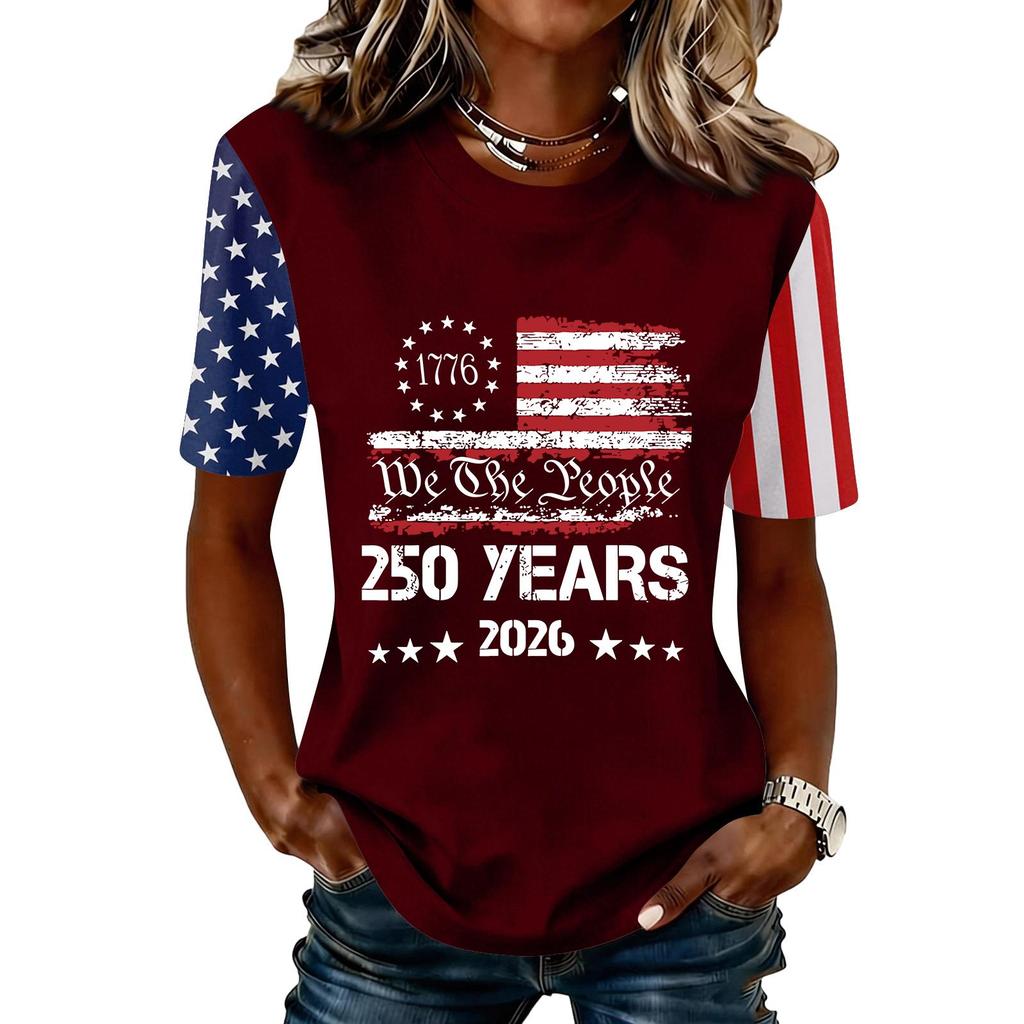 Blusa Feminina da Moda Casual de Manga Curta com Estampa e Gola Redonda