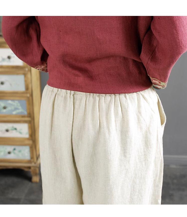 Tide Women's Spring Elastic Waist Cotton Linen Straight Leg Pants with Retro Embroidery