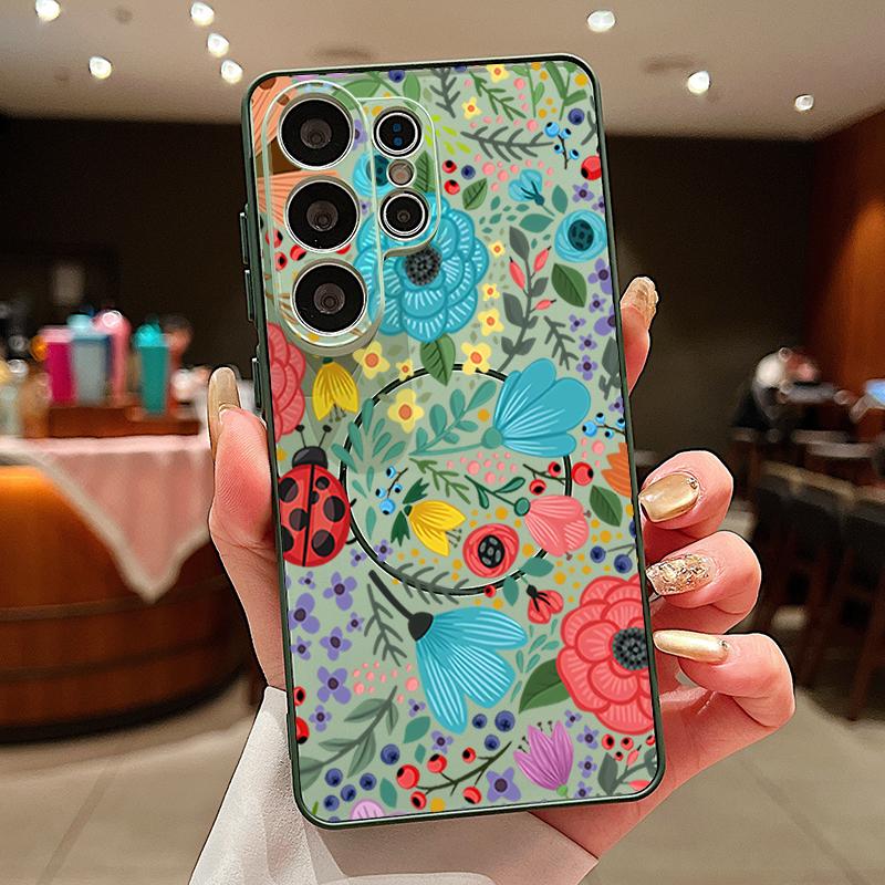 

Magnetic For Magsafe Case For Samsung Galaxy S26 Ultra S25 Edge S24 Plus S23 FE S22 A17 A54 A55 A56 A57 5G Lavender Peony Rose Floral Pattern Cover Samsung A54 5G