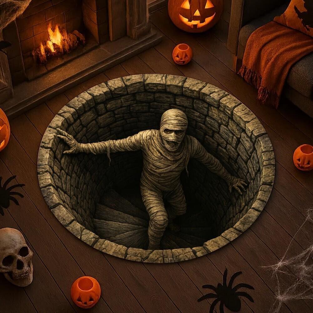 3D Horror Bandaged Man Pattern Round Rug, Non-slip Floor Mat for Living Room, Bedroom, Bathroom, Holiday Home Decoration 60cm