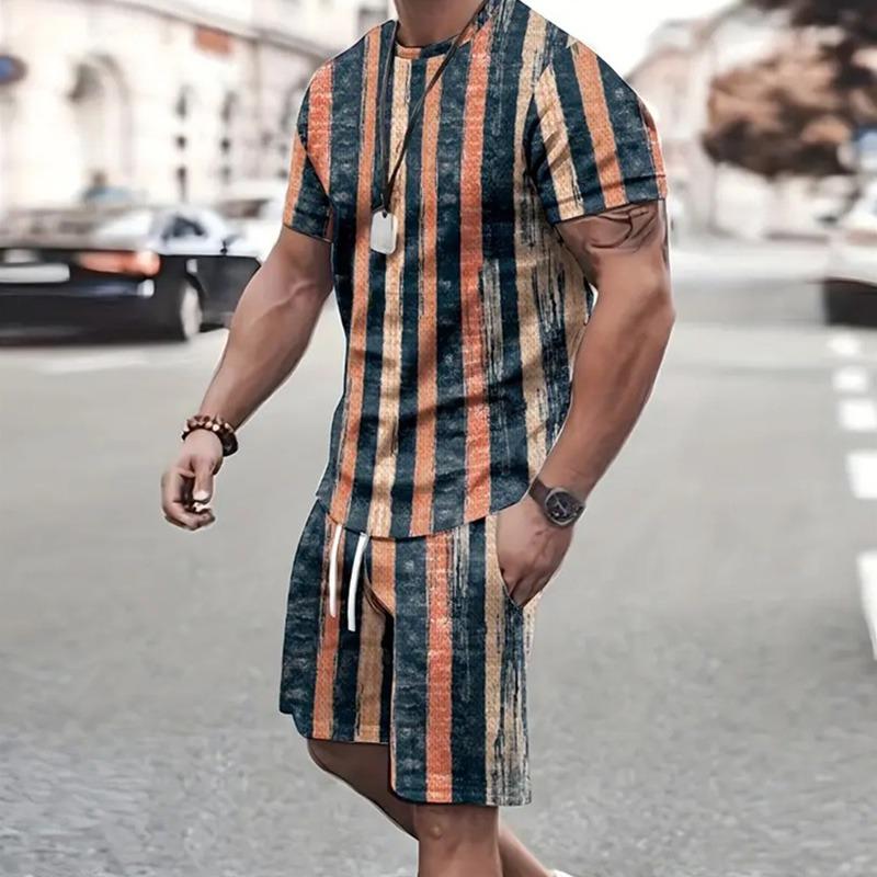 Summer Men's New Spliced Printed Pattern Breathable Round Neck T-shirt and Shorts Outdoor Skin Friendly Casual Two-piece Set