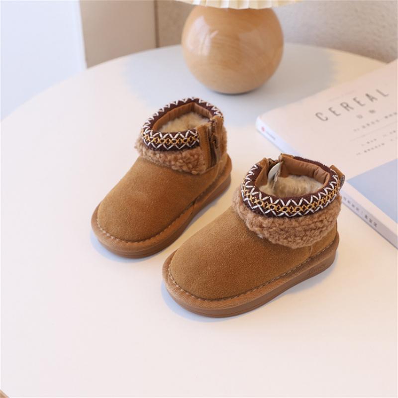 

Winter Children Snow Boots Toddler Boys Girls Genuine Leather Warm Plush Zip Side Non-slip Shoes 23 верблюд