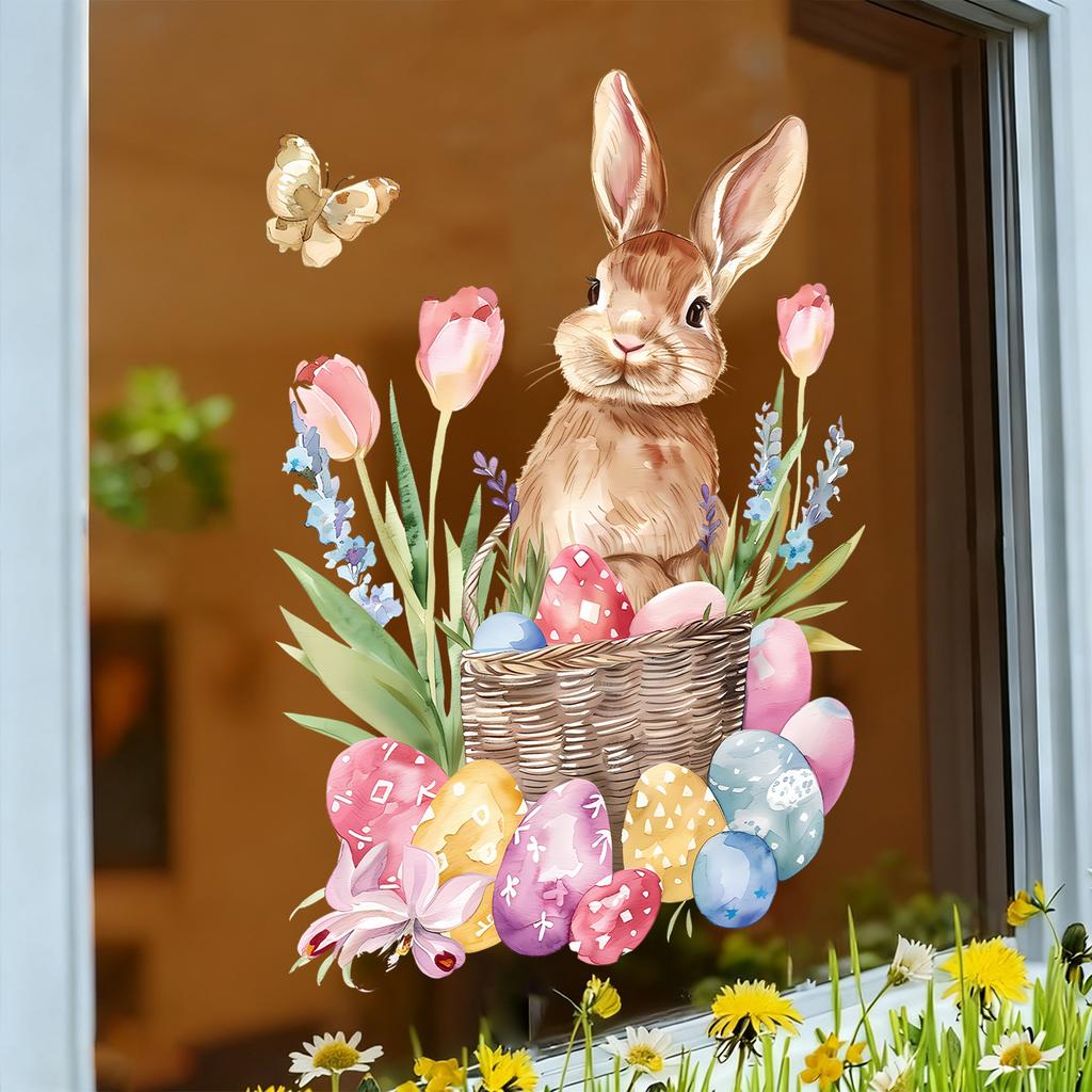 Easter Tulips, Eggs, Butterfly and Bunny Static Cling Window Stickers No Glue Removable for Bedroom Living Room Study Holiday Decor