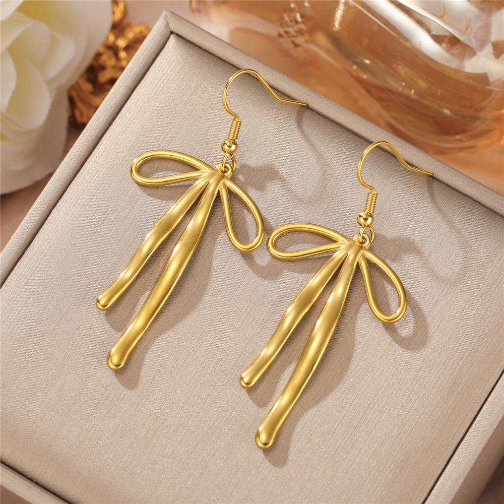 

Unift Gold Color Bowknot Earrings Ribbon Bows Long Dangle Earrings Dainty Women Stainless Steel Zircon Minimalist Wedding Gift