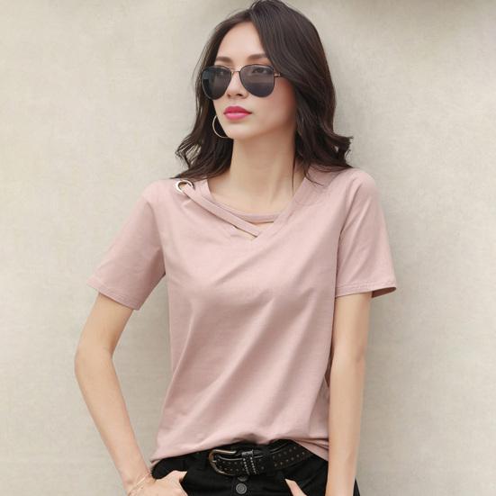 Women T-shirt V-Neck Lace-Up Collar Short Sleeve T-Shirt Solid Color Loose Fit Casual Tee