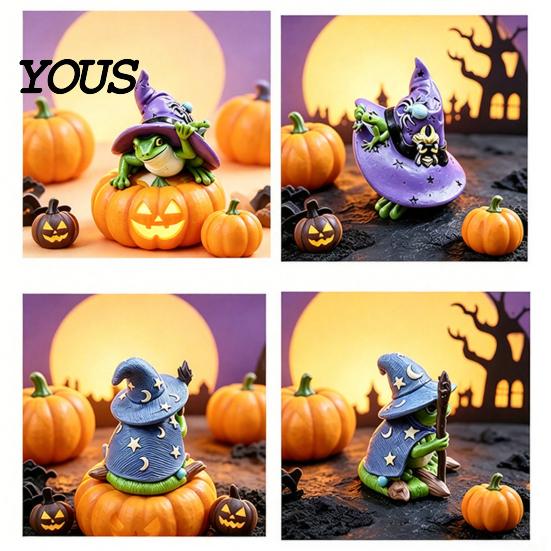 Creative Halloween Tabletop Accessory Witch Frog Ornaments, Resin Magic Wizard Figurine, Micro-landscape Miniature Cute Fantasy Mini Statue
