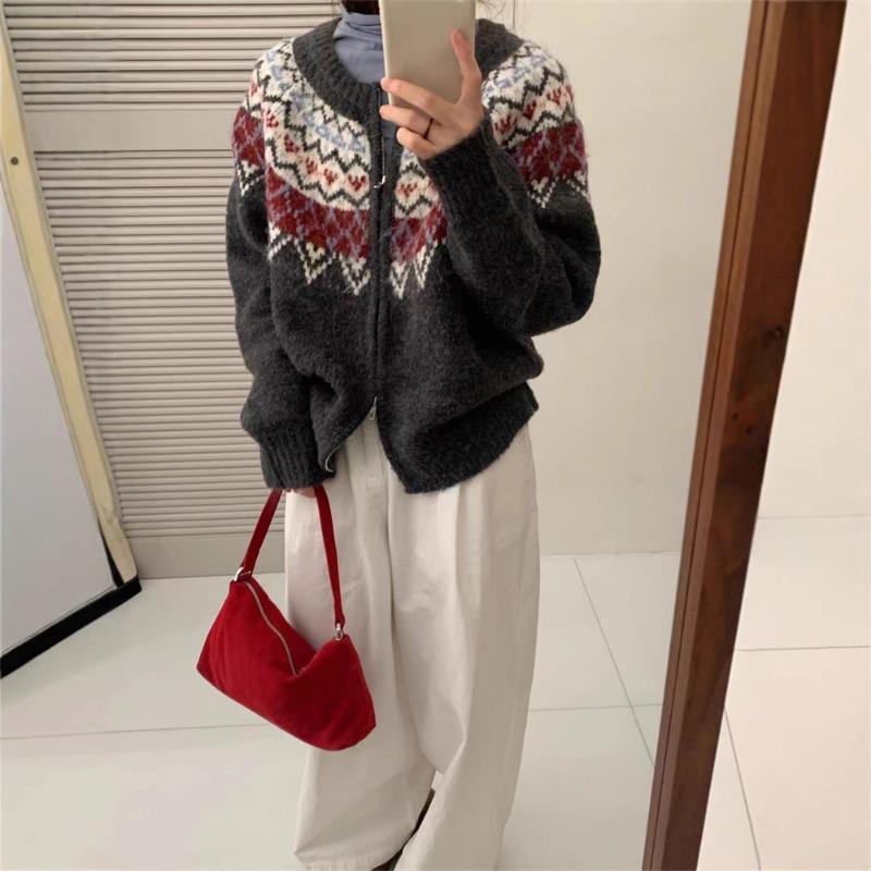 Premium Retro Heavy Industry Fair Island Crew Neck Jacquard Zipper Knitted Cardigan Women's Soft Waxy Thickened Sweater Jacket Winter
