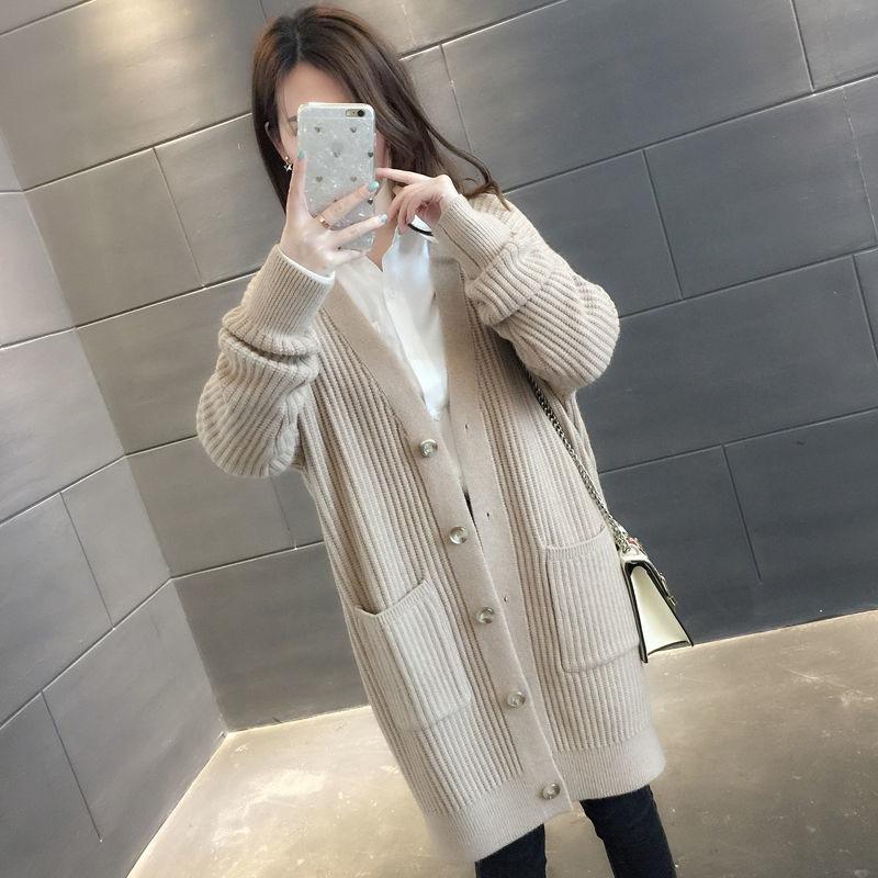 

Осенне-зимний свитер с V-образным вырезом, женская куртка, корейская мода, свободный вязаный свитер, кардиган средней длины One size света кофе