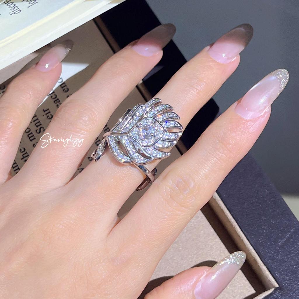 Luxuriöser offener Feder- und Diamantblattring für Damen